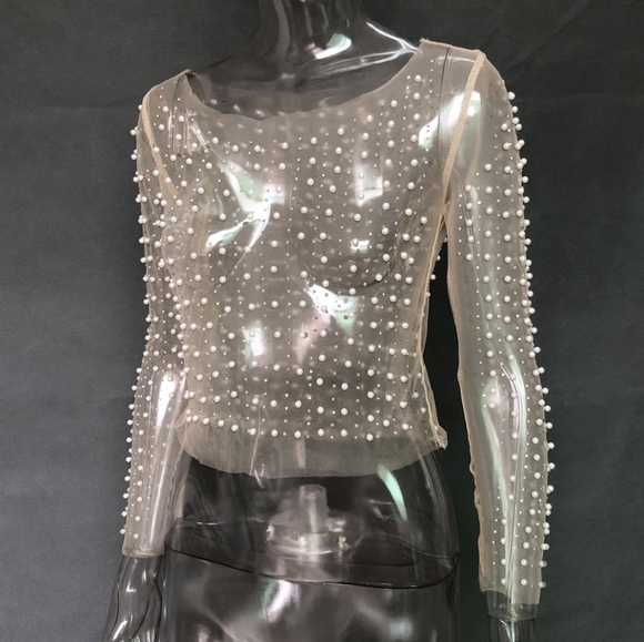 NWT pearl embellished beaded mesh top s: small - large - Picture 8 of 11